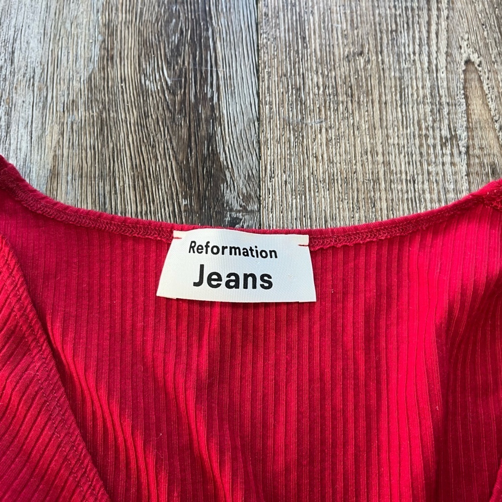 Reformation Jeans Jennie Ribbed Long Sleeve Lettuce Hem Mini Dress Red Medium - Picture 4 of 6